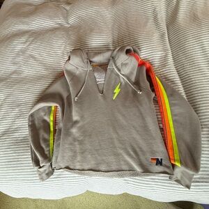 Aviator Nation Gray Cropped Hoodie with Neon Stripes